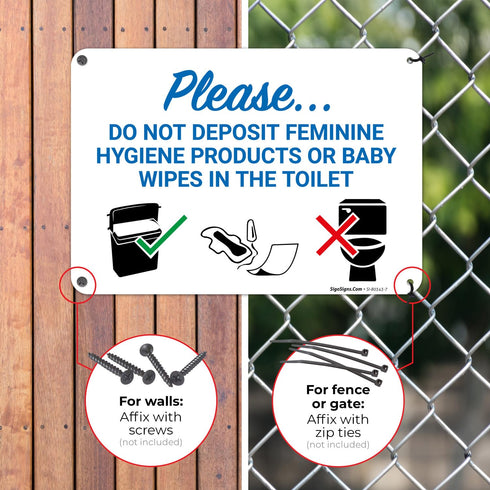10x7 Inches, .040 Please Do Not Deposit Feminine Products Baby Wipes in Toilet with Graphic Sign, Rust Free Aluminum