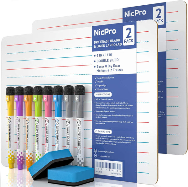 Nicpro 2 Pack Dry Erase Lap Board 9 x 12 inches, Double Sided Blank & Lined Small Lapboard with 8 Pens, 2 Erasers
