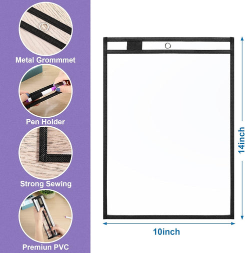 Nezyo 50 Pieces Clear Dry Erase Pockets Reusable Plastic Sleeves Teacher Supplies for Classroom (Black)