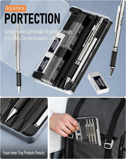 Nicpro 0.9mm Mechanical Pencil Set with Case, 3PCS Metal Pencils, 6 Tubes HB #2 Lead Refill