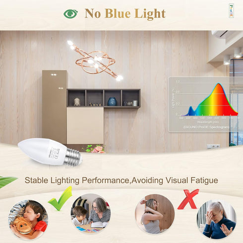 E26 Bulb, 98, 5W E26 Bulb, 5000K, C37 40W Non-dimmable, 6 Pack DiCUNO ProOE Eye-Protected LED High CRI Candle Daylight