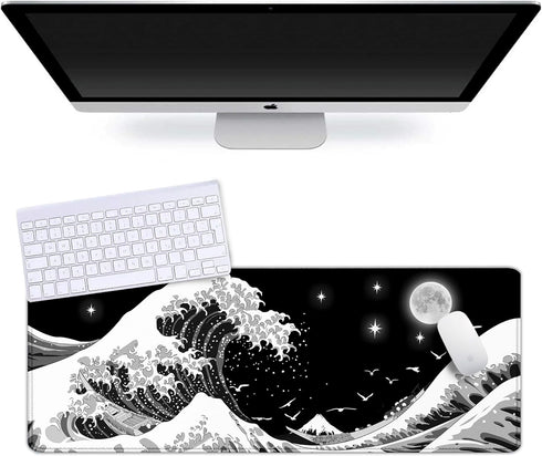 Gaming Mouse Pad Japanese Black and White Sea Wave Large XXL Mouse Pad Extended Big Desk Mat 31.06" x 11.8" Keyboard Laptop Computer Mousepad for Home Office Gaming Work by Viorichve