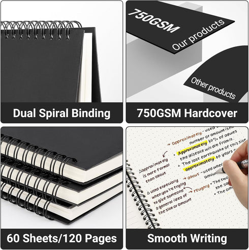 EUSOAR Large A4 Spiral Notebook, 3 Packs, 11" x 8.5", 120 Pages Dot Grid for Sketching, Math, College Office