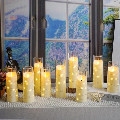 Set 9 Eebuss Flameless Candles with Embedded Star String, Battery Operated LED Pillar Candles with Timer and Remote