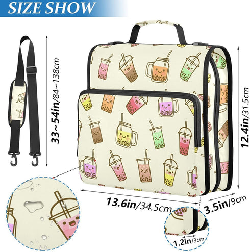 Krafig 3 Bubble Milk Tea Funny Zipper Binder Bag Ring with Handle Shoulder Strap, Binder File Organizer Bag Storage