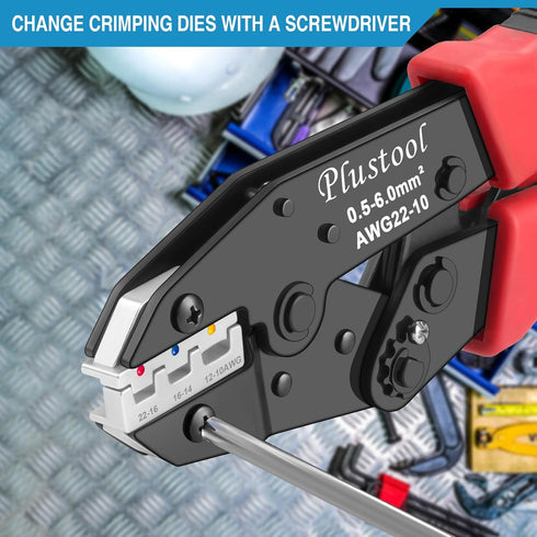 Plustool 6PCS Set Crimping Tool - Ratcheting Wire Crimper - for Heat Shrink, Insulated Nylon, Non-Insulated, Ferrule
