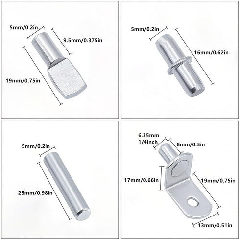 JIMROLA 120Pcs Kit,4 Closet Cabinet5mm (1/4 inch) Shelf Pins Styles Nickel Plated Shelf Support Pegs,Plated Shelf Pins