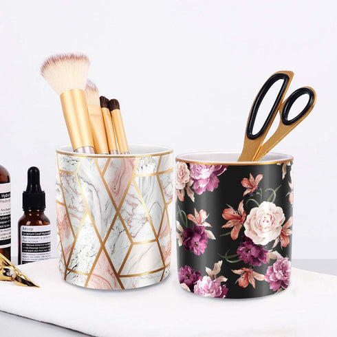 WAVEYU Pen Holder for Desk, Cute Floral Makeup Brush Holder, Durable Ceramic Flower Design Desk Pencil Organizer