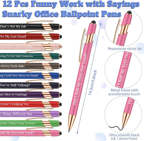 Snarky Funny Office Notepads Pens, 24 Pcs Negative Sarcastic Quotes Work Ballpoint Pens with Stylus Tip