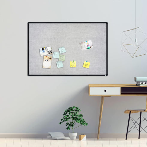 JILoffice 36 X 24 Inch Cork Linen Bulletin Board (Grey) with Black Aluminum Frame for Office Home School