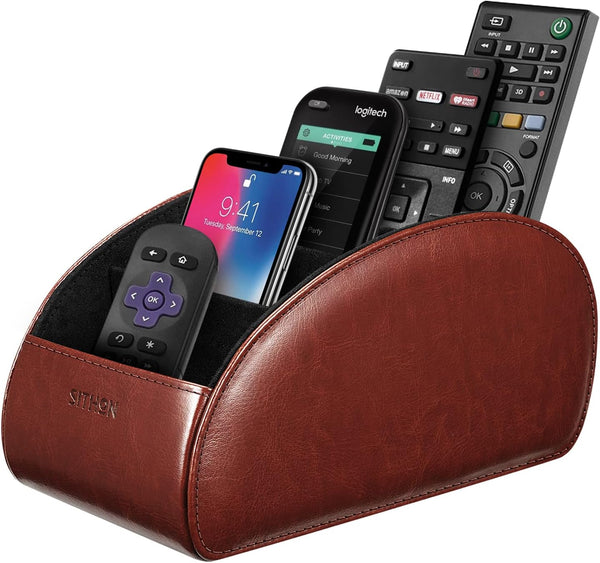 SITHON Remote Control Holder with 5 Compartments, PU Leather Remote Caddy Desktop Organizer for TV, DVD, Media Player