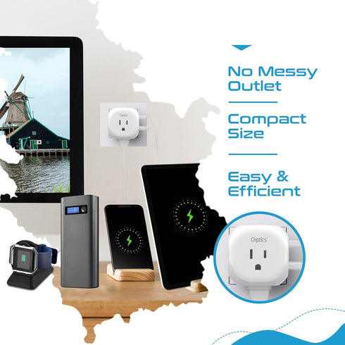 Ceptics European Travel Plug Adapter - 5 Input with 20W PD-QC 3.1A Dual USB-C, USA to Type C Countries, White