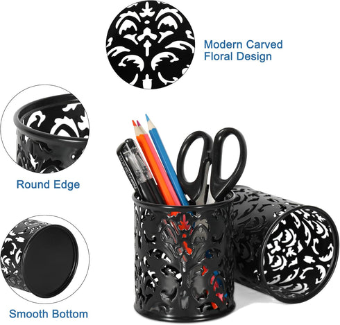 EasyPAG Metal Round Pencil Holder - 2 Pack Black Pen Cup Holders for Desk Organizer