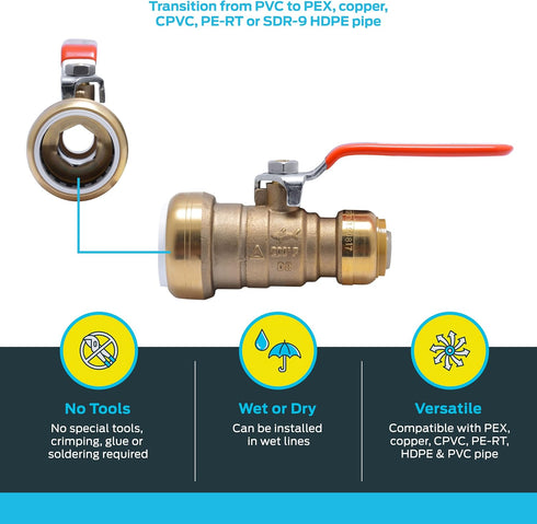 SharkBite 1 Inch PVC x 3/4 Inch CTS Ball Valve - Push to Connect Brass Plumbing Fitting