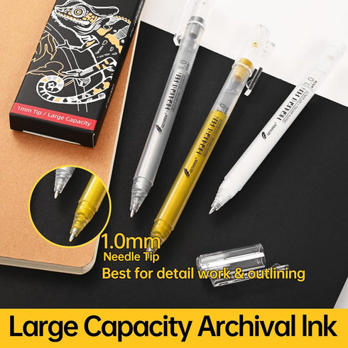 White Pens, 3 Pack, White Gel Pens for Artists, 1mm Extra Fine Point, White Ink for Black Paper Drawing
