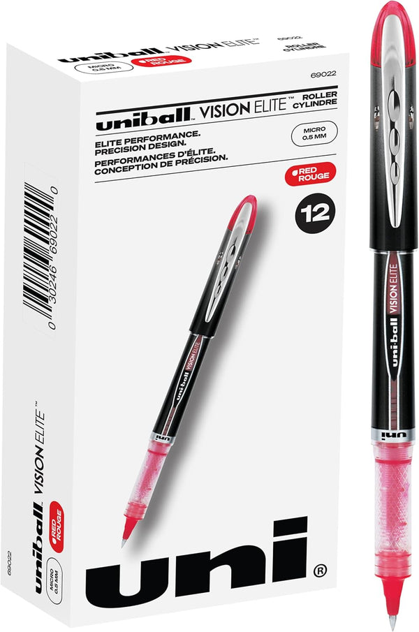 uniball Vision Elite Roller Ball Pen, Stick, Extra-Fine 0.5mm, Red Ink, Black/Red Barrel