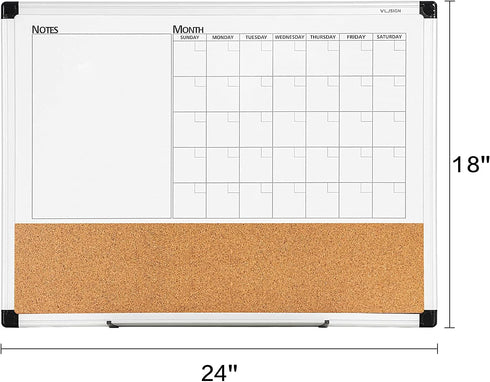 VUSIGN Monthly Calendar Whiteboard Cork Board Combo, 18" x 24", Planning Board with Silver Aluminium Frame