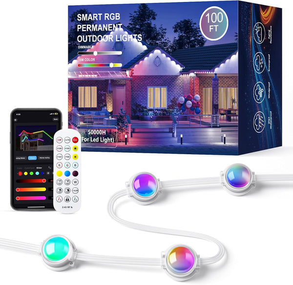 JOH Permanent Outdoor Lights,100FT RGB+IC Smart Eave Lights with DIY Color, IP67