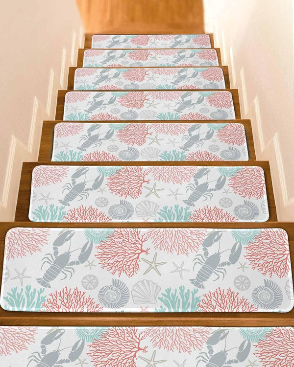 BOHOOSKYLAR Gray Lobster Stair Treads Ocean Starfish Coral Shell Marine Life Indoor Non