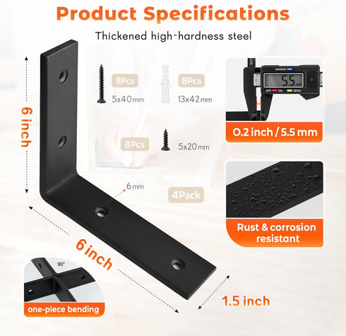 WINKER 4 6 InchX6 Inch Corner Brace Pcs Shelf Bracket Heavy Duty Black Steel L Corner Brace, Decorative Joint Angle