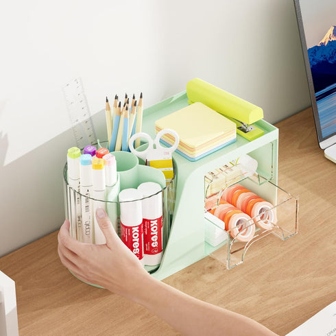 Marbrasse Desk Organizer with 2 Drawers, 360° Rotating Pen Holder, 6 Slots Pencil Organizer + 2 Drawer for Office