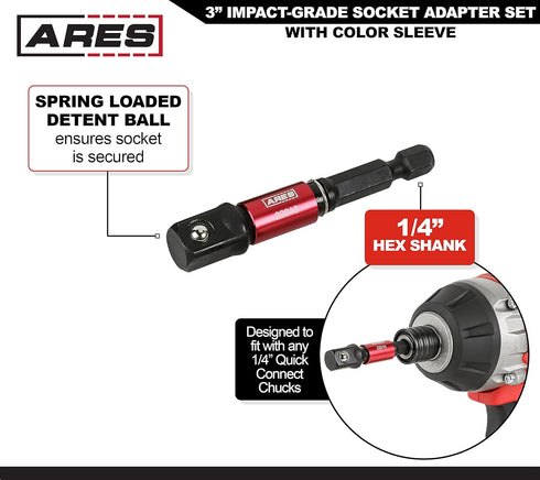ARES 22011-3-Piece 3-Inch Impact Grade Socket Adapter Set with Color Sleeve for Power Drill Nut Driver