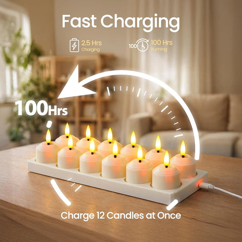 Set 12 1.6" x2.2" (2.5 100 Rechargeable LED of Tea Light Remote Candles with Charging Station, Ivory Base Timer