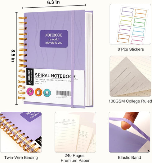 Yoment 6 x 8 College Ruled Subject Spiral Notebook, 100 GSM Thick Paper, Purple Bound Journal for Work School Office