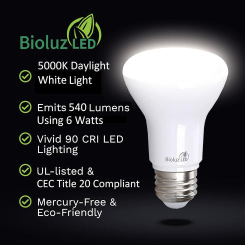 Bioluz 4 Pack BR20 LED Bulb, 5000K Daylight, 6W = 50 Watt Replacement, 90 CRI, 540 Lumen, Indoor/Outdoor