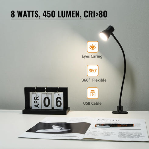 Clip Desk Lamp, USB Reading Light with Flexible Neck, 3 Color Temperature Options, 10 Dimmable Brightness Levels for