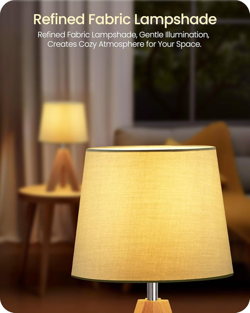 J51TL05 Tripod Table Lamp, Small Bedside Lamp with Wood Base & Green Fabric Shade, Little Cute Desk Lamp, Modern