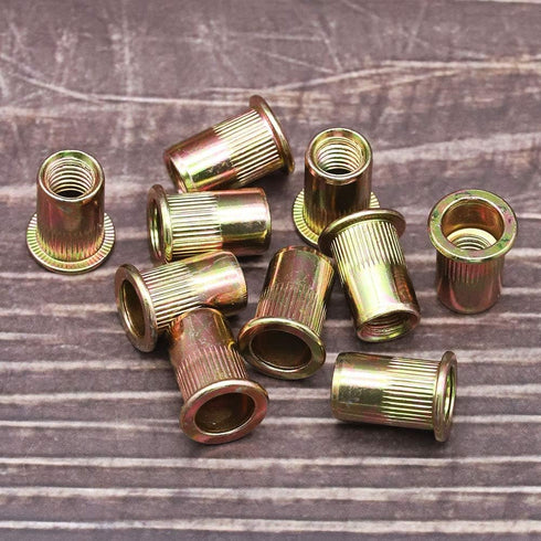 EASTLO M5 Metric Rivet Nuts, 100 Pcs, Carbon Steel Flat Head Threaded Inserts for Metal, Yellow Zinc Plated