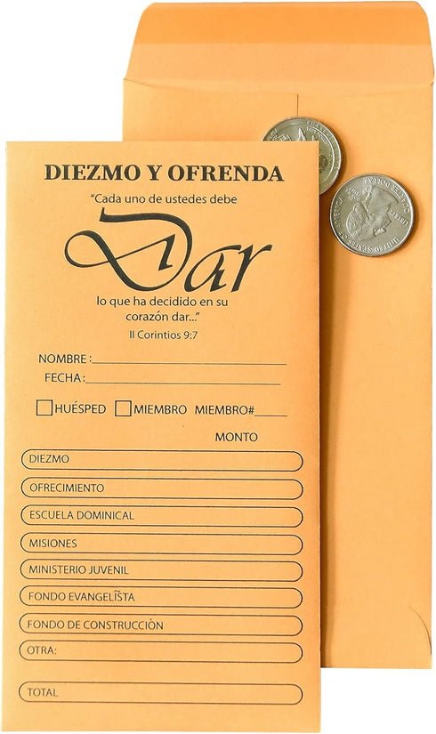 Spanish Coin Envelope, Tithe and Offering Envelopes for Church, 6.5"x3.5" (100)