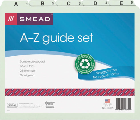 Smead Pressboard Guides, 1/5-Cut Tab (A-Z), Letter Size, Gray/Green, Set of 25