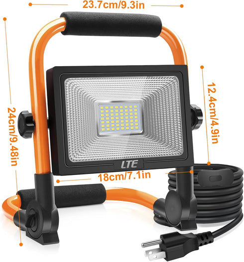 50W 4300LM 500W IP66 16.4FT 5000K LTE LED Work Light, Equivalent Portable Light Waterproof Outdoor Flood Lights Cable