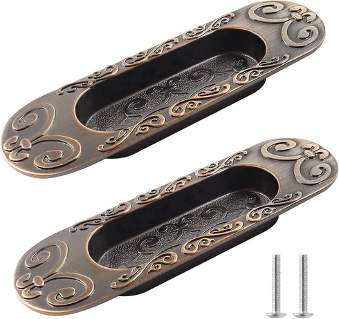 2 Pcs 4.13" European Recessed Flush Pull Handle, Stainless Steel Sliding Door Handle, Inset Antique Recessed Pull Handle for Cabinet Closet Dresser Drawer, Antique Copper by Biaungdo