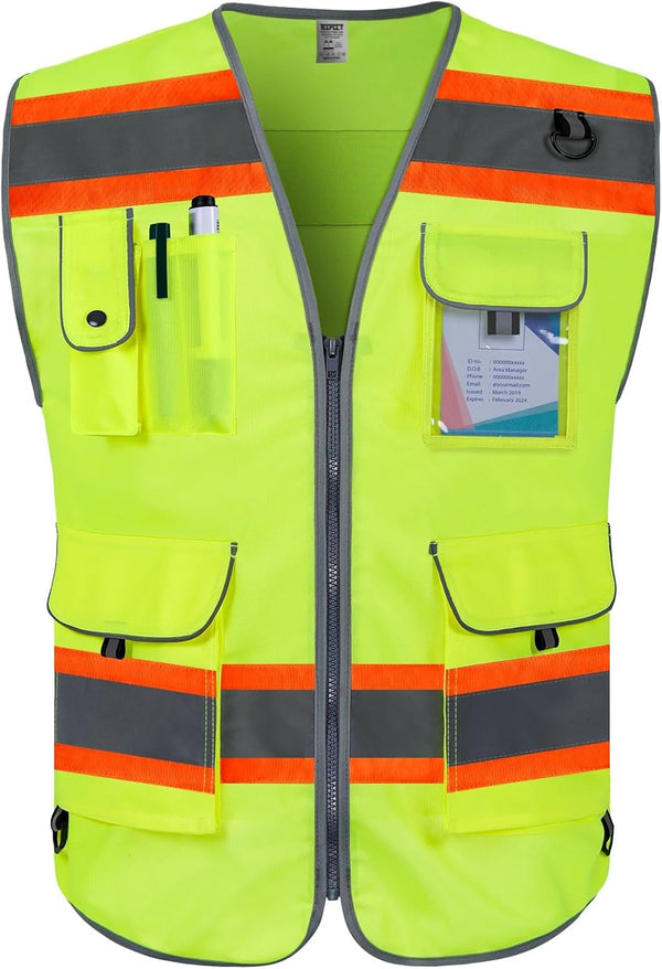 TCCFCCT Reflective Safety Vest for Men Women, 9 Pockets High Visibility Vest, Fluorescent Orange, XX-Large