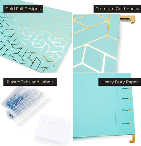 Blu Monaco Cute Hanging File Folders 12 Pack in Pretty Aqua with Gold Foil Pattern, Letter Size with Adjustable Tabs