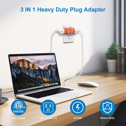 EXTRASTAR 3 Outlet Extender, Heavy Duty Grounded Wall Tab, Electrical Multi-Outlet Power Splitter, Orange