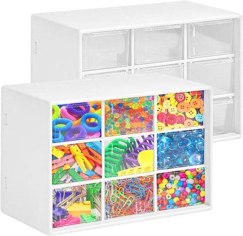 Qivine 2Pcs Small Drawer Organizers, Acrylic Desktop Organizer with 9 Clear Drawers for Office Supply Storage, White