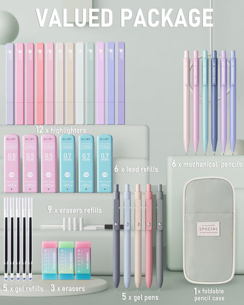 Four Candies 39 PCS Aesthetic School Supplies, Cute Pen Case, 12 Pastel Highlighters, 5 Black Ink Gel Pens, 6