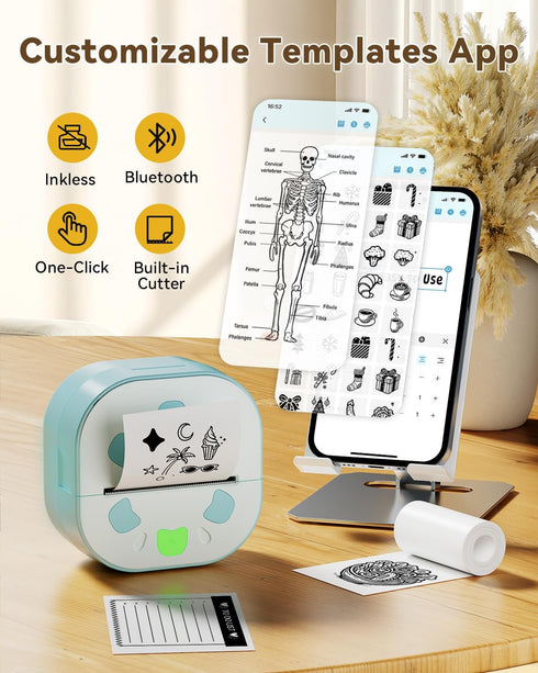 NDYIN 3 Sticker Printer, PrintPods Mini Printer, Bluetooth Portable Sticker Maker with Rolls Paper, Print Pod Inkless