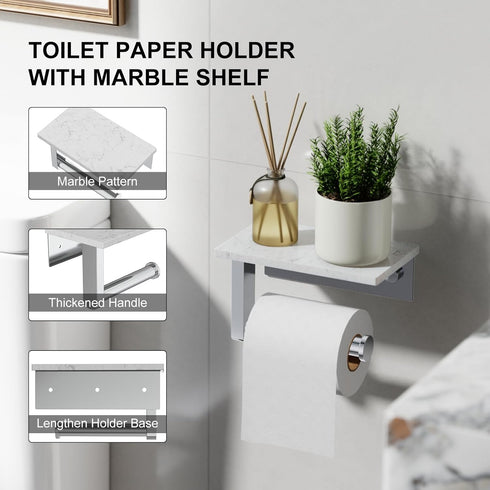 304 Toilet Paper Holder with Marble Shelf, Stainless Steel Tissue Hand Holder Wall Mounted Toilet Paper Roll Hold