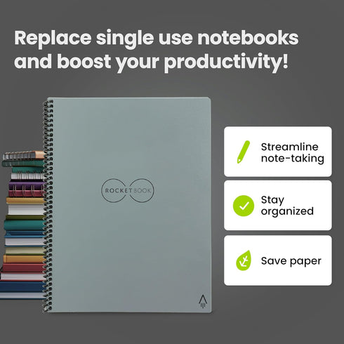Rocketbook Core Reusable Spiral Notebook, Letter Size 8.5x11, Gray - Dotted Pages, App-Connected, Erasable