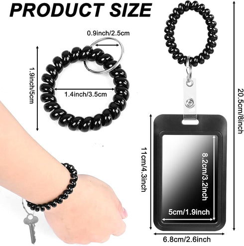 Wrist Coil ID Badge Holder with Card Strap & Key Ring, Plastic Stretchable Spring Wristband Keychain