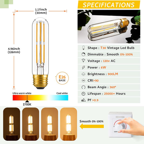 6W Dimmable T10 5inch Bulb E26 Bulb 60 Bulb AC120V 2700K 600LM 4Pack LED Light Equal watt Long Led Light Warm White