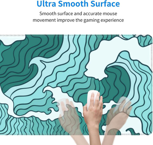 XL Japanese Green and White Wave Gaming Mouse Pad, Non-Slip Rubber Base, Stitched Edges, 31.5 x 11.8 Inch