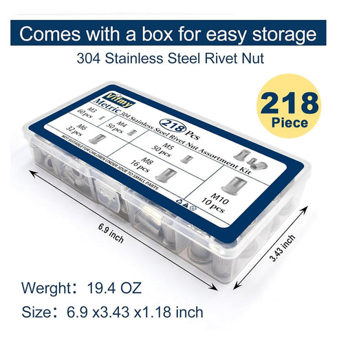 Vifmy 304 Kit(218 Pcs),M3 M4 M5 M6 M8 M10 Set,Rivnut Metric Stainless Steel Rivet Nut Assortment Flat Head Rivnut
