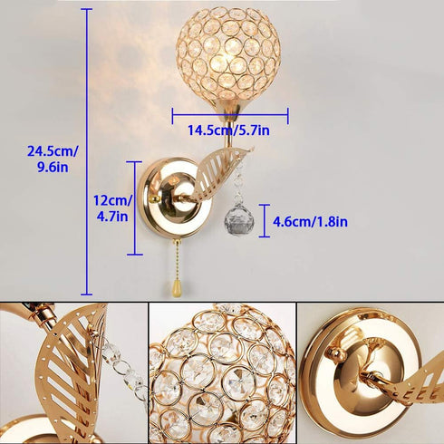 WeFoonLo E14 Modern Crystal Wall Light Pendent Lamp Chrome Finish Bedroom Sconce Lighting Fixture with Pull Cord