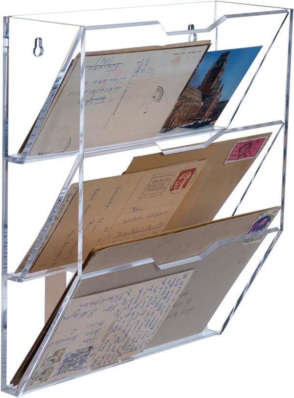 MyGift Wall Mounted 3 Tier Clear Acrylic Letter Rack, Mail Organizer for Office and Entryway, Vertical Storage Rack
